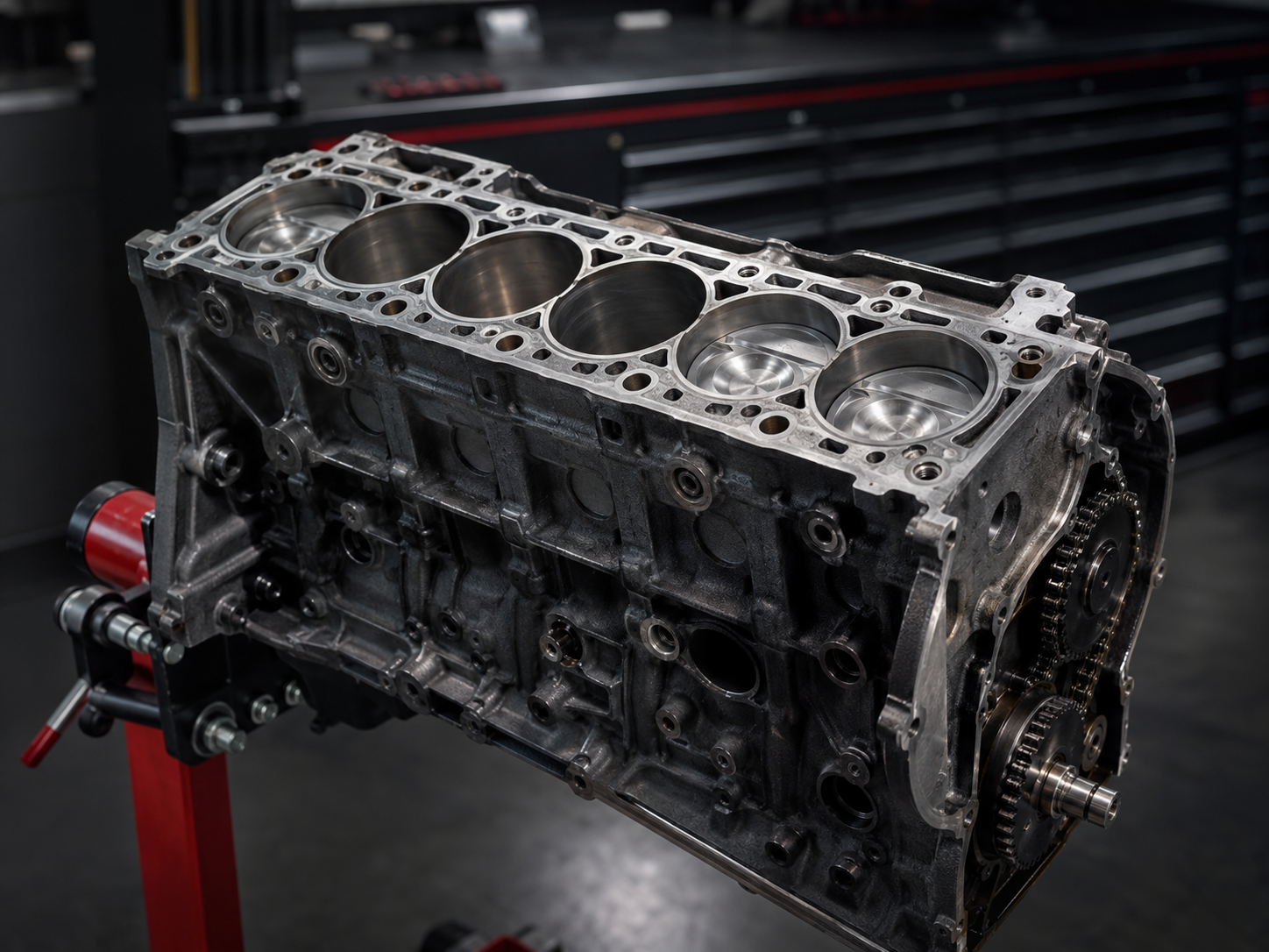 Geöffneter Motorblock mit sichtbaren Zylindern und Kolben bei einer Motorinstandsetzung.