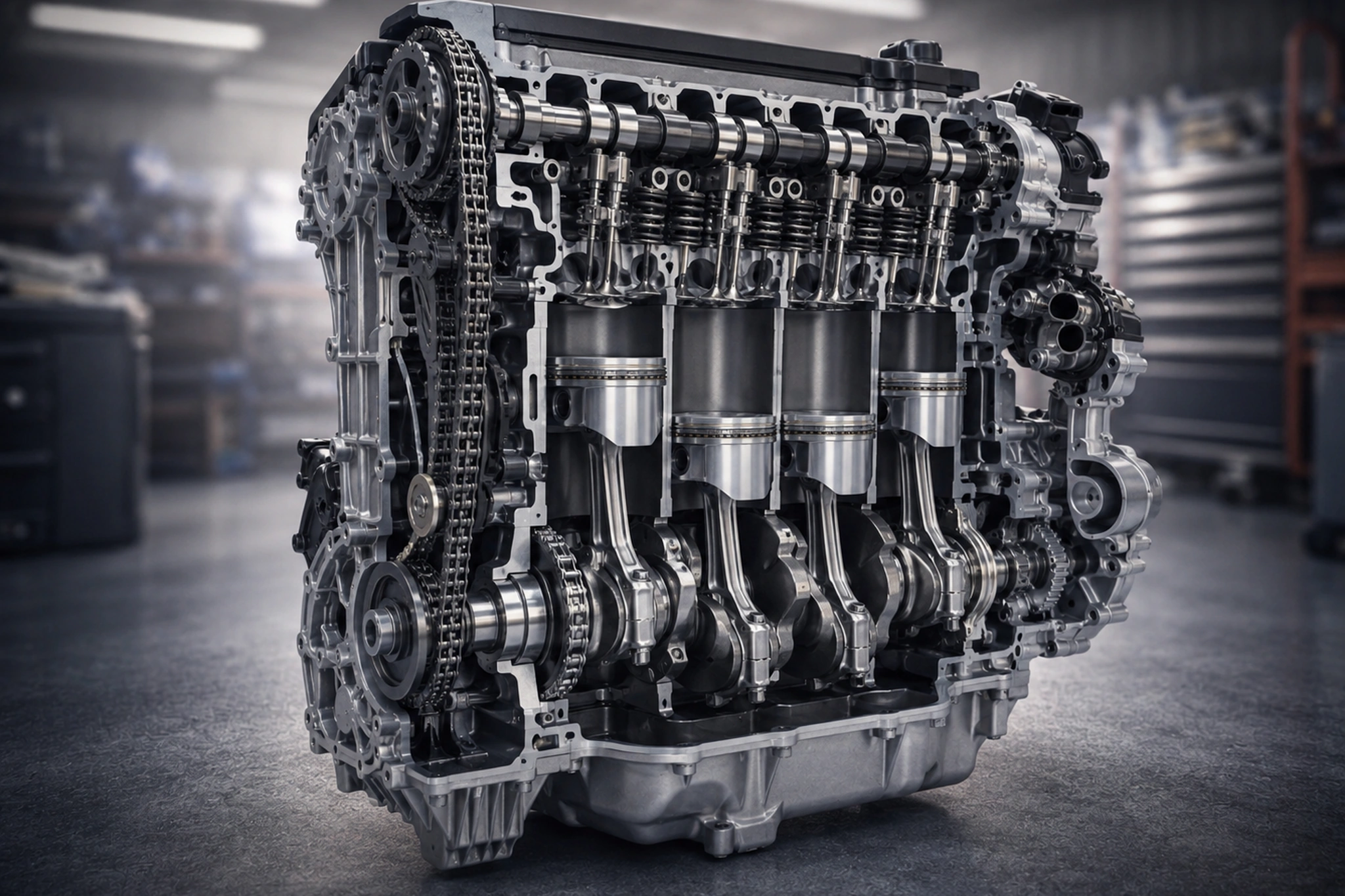 Aufgeschnittener Motor in einer Werkstattansicht mit sichtbaren Kolben, Pleuel, Kurbelwelle, Ventiltrieb und Steuerkette als Darstellung einer Motorüberholung