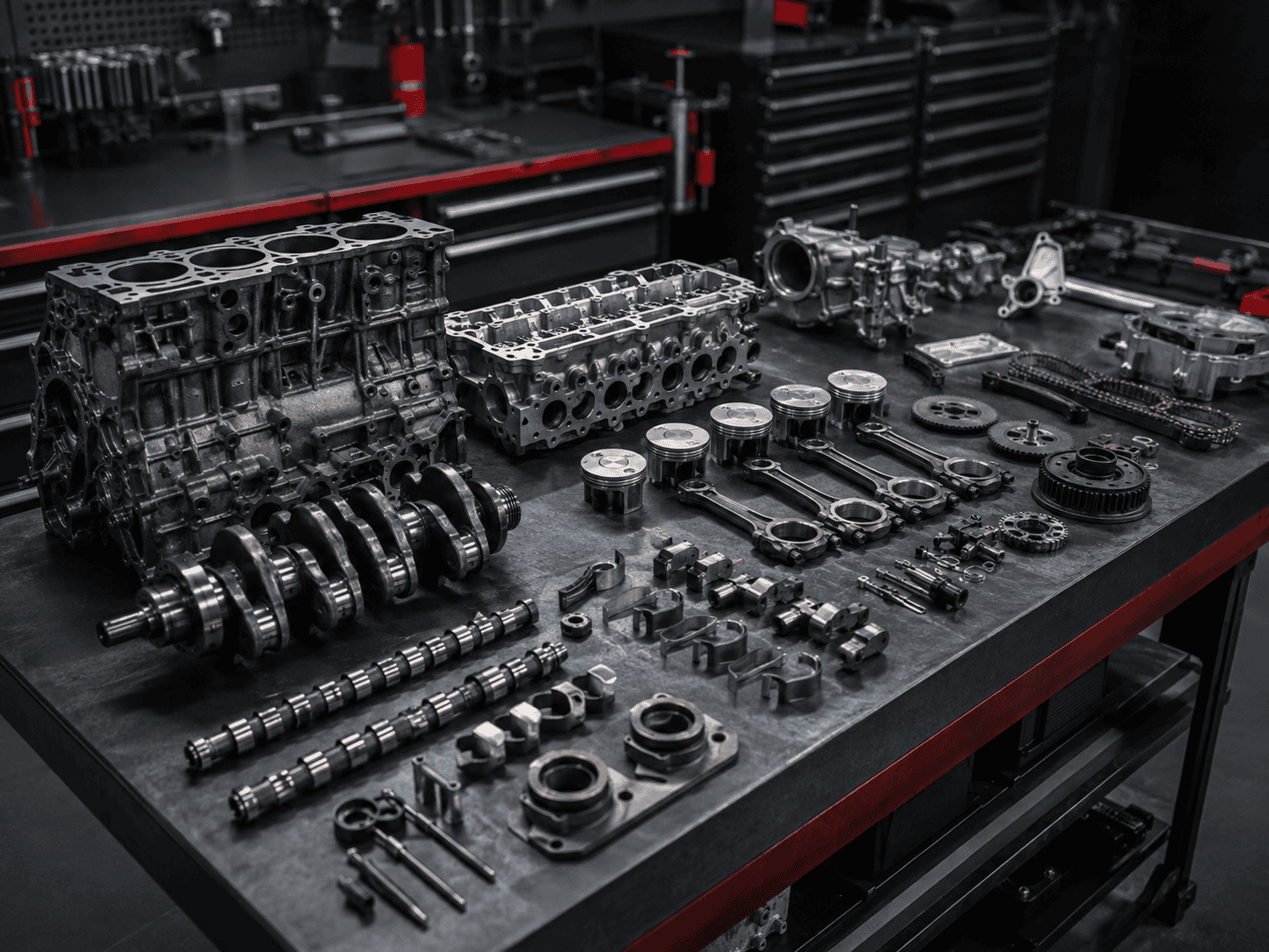 Sauber ausgelegte Motorkomponenten wie Motorblock, Zylinderkopf, Kurbelwelle, Kolben und Pleuel bei einer Motorüberholung.