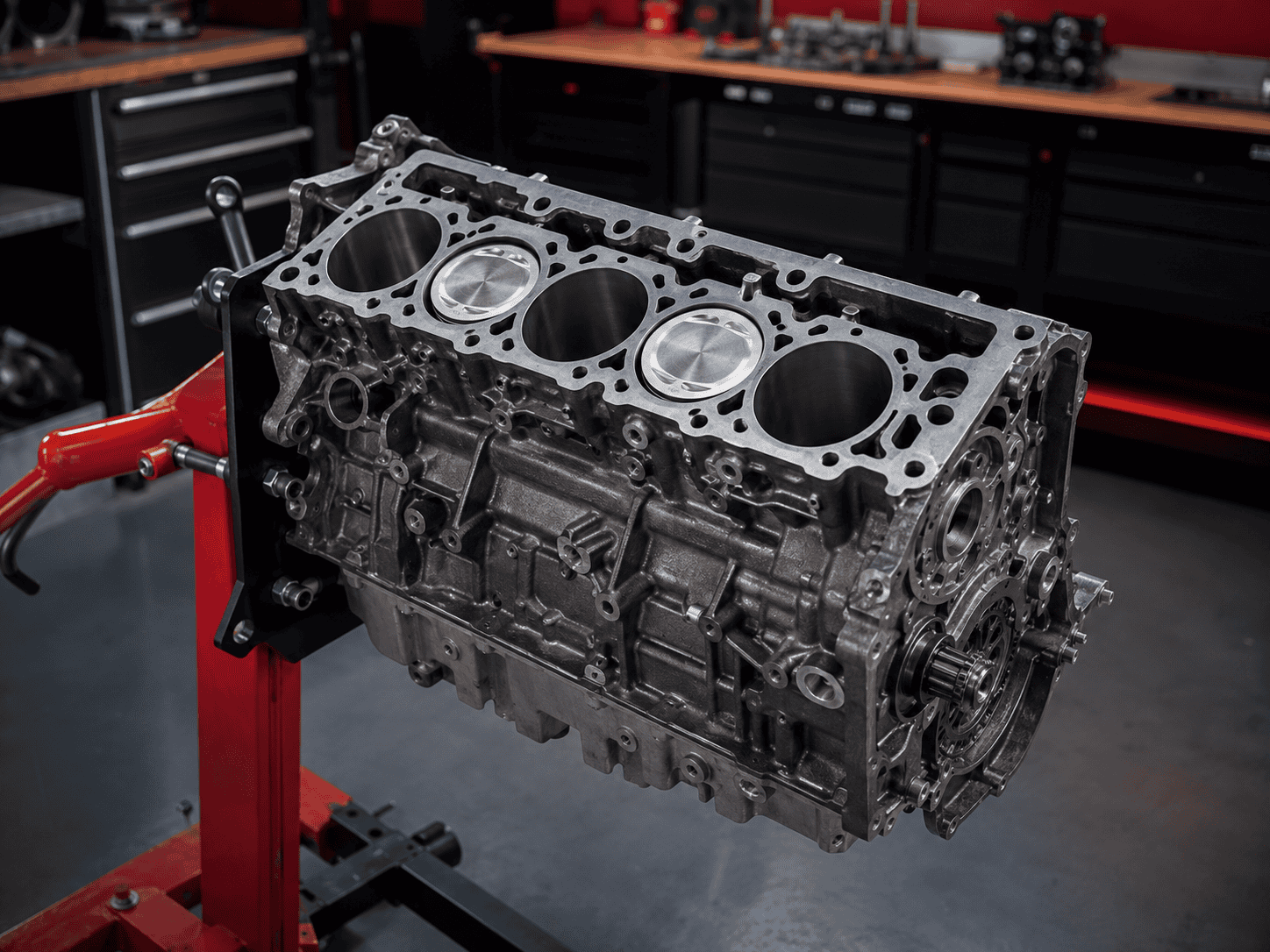 Geöffneter Motorblock mit sichtbaren Zylindern und Kolben auf einem Montageständer in einer professionellen Werkstatt.