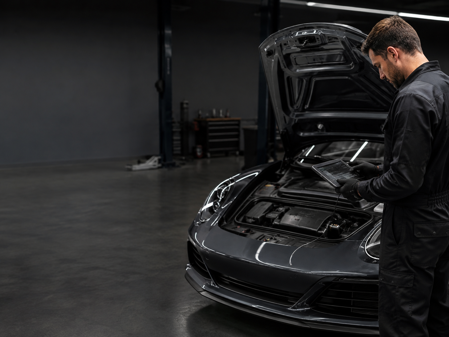Kfz-Mechatroniker führt mit einem Diagnosetablet eine Motorprüfung an einem geöffneten Sportwagen durch, geeignet für die Porsche Motorinstandsetzung.