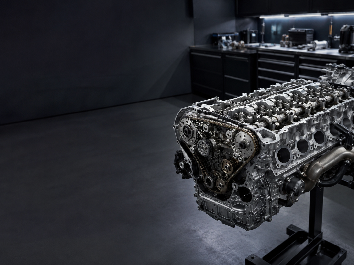 Geöffneter Hochleistungsmotor mit sichtbaren Nockenwellen und Steuertrieb in einer professionellen Werkstatt, geeignet für die Porsche Motorinstandsetzung.