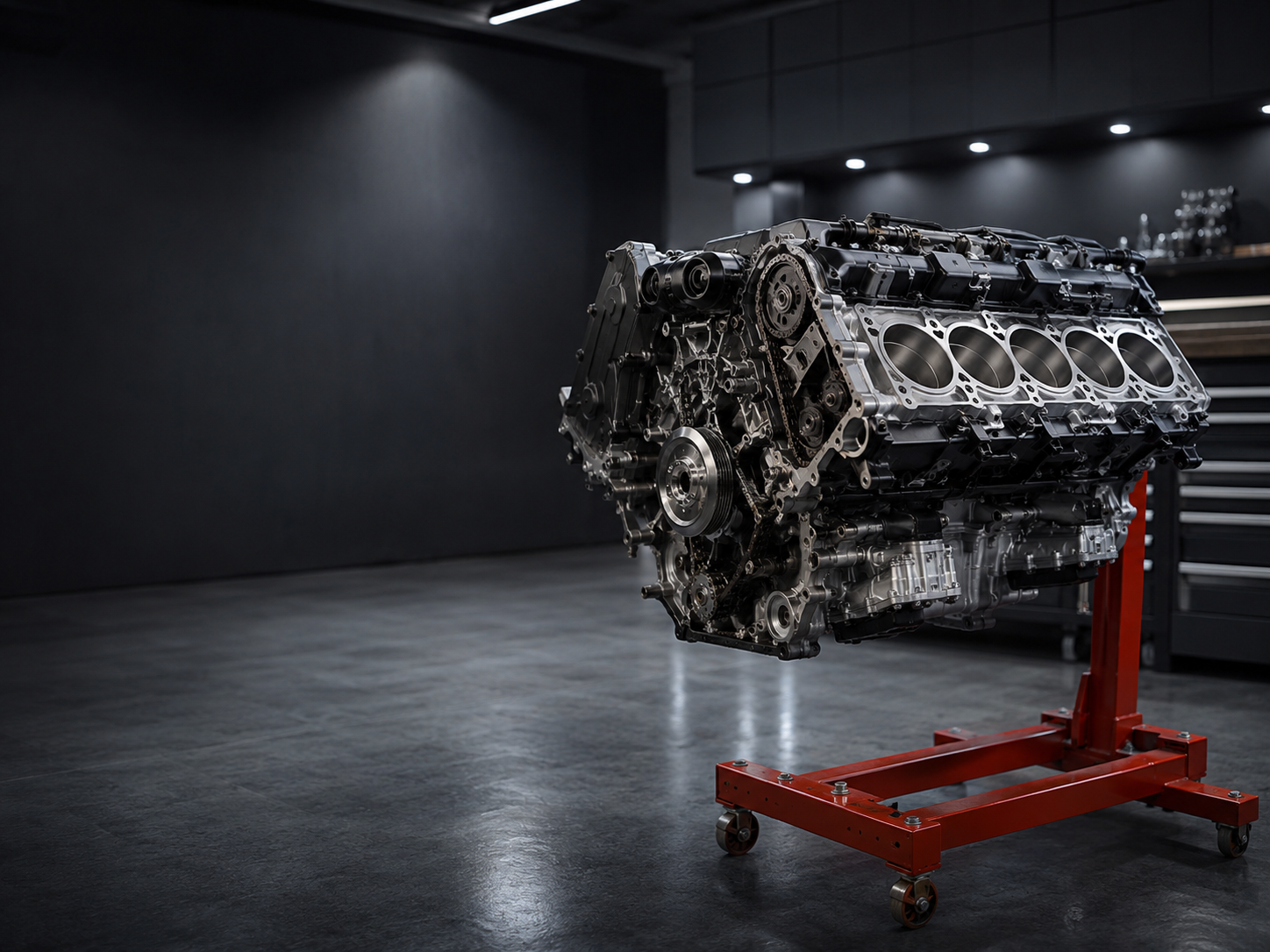 Hochleistungs-Motorblock mit sichtbaren Zylindern auf einem Motorständer in einer modernen Werkstatt, geeignet für die Porsche Motorinstandsetzung.