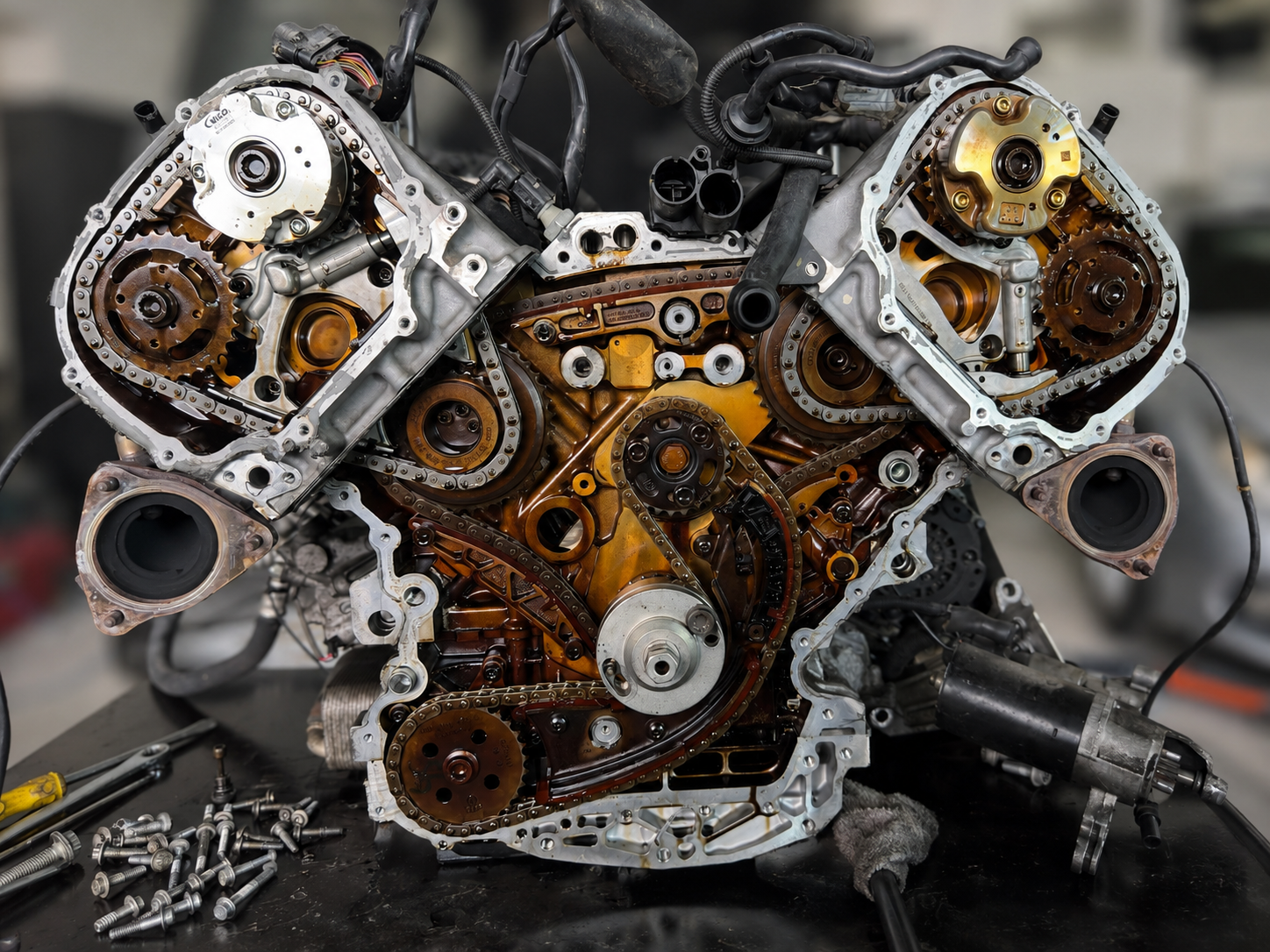 Verschlissener Steuerkettentrieb an einem geöffneten V-Motor mit sichtbaren Steuerketten und Kettenrädern