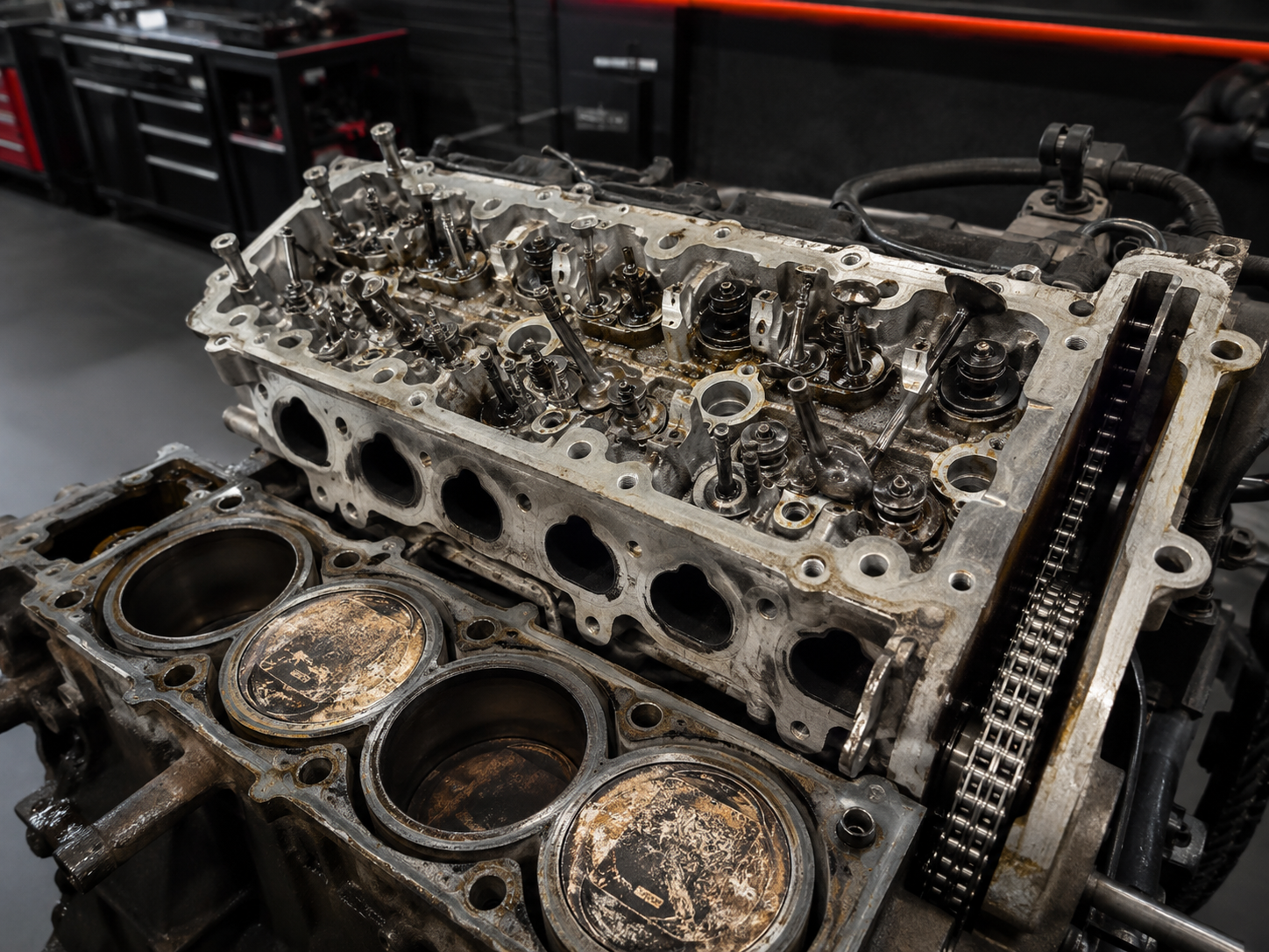 Mechaniker prüft einen geöffneten Steuertrieb mit Diagnosegerät und sichtbarer Steuerkette in einer modernen Kfz-Werkstatt.