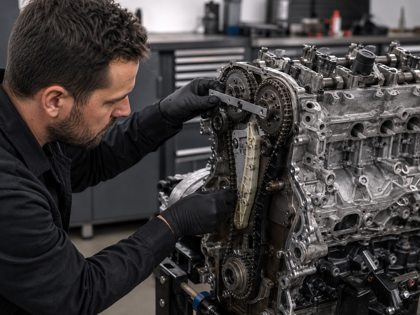 Mechaniker prüft den geöffneten Steuerkettentrieb eines ausgebauten Motors in der Werkstatt
