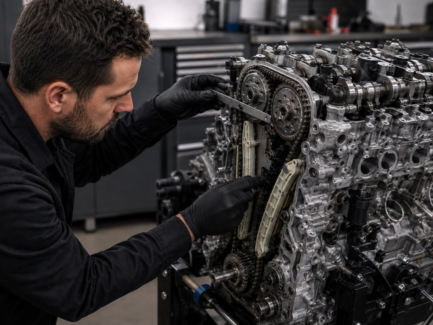 Mechaniker kontrolliert Steuerkette und Gleitschienen an einem geöffneten Motor