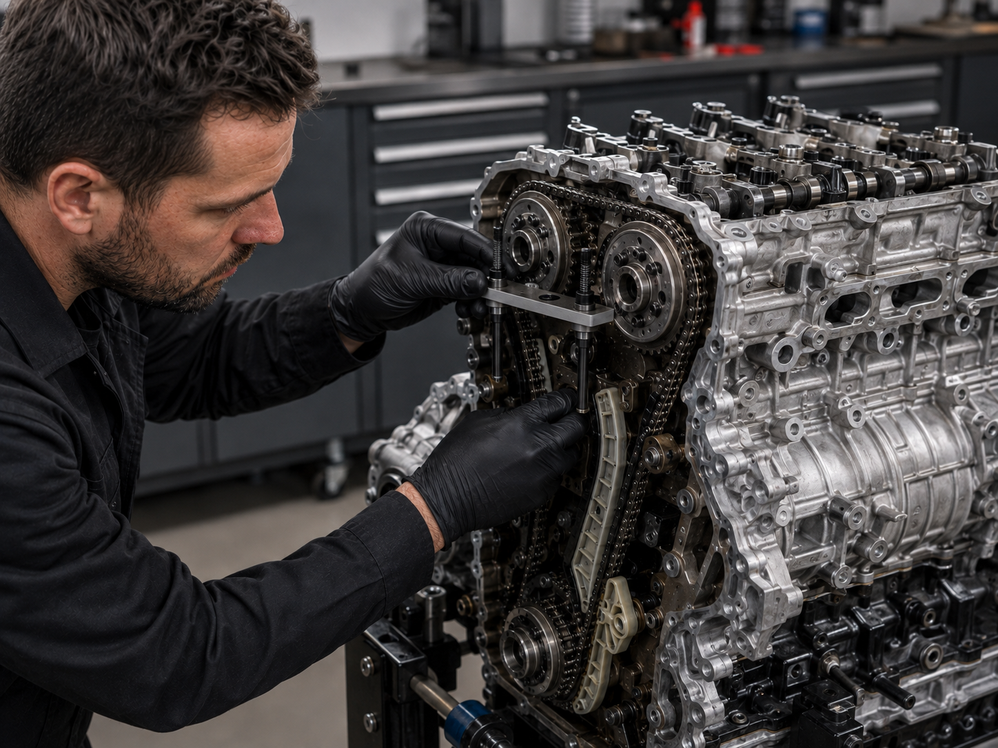 Mechaniker arbeitet von der Rückseite am geöffneten Kettentrieb eines ausgebauten Motors
