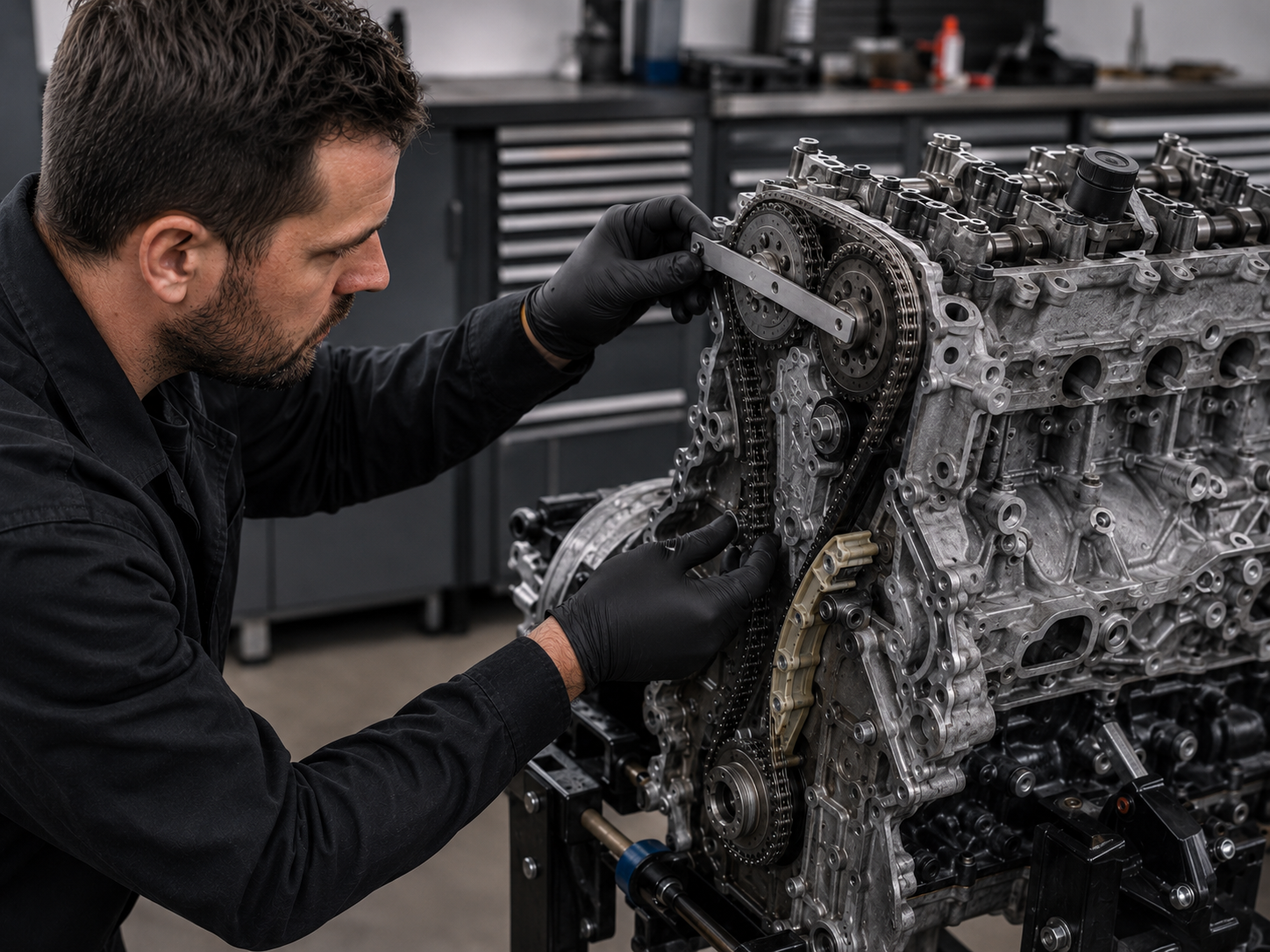 Mechaniker kontrolliert Steuerkette, Kettenspanner und Führungsschienen an einem Motor