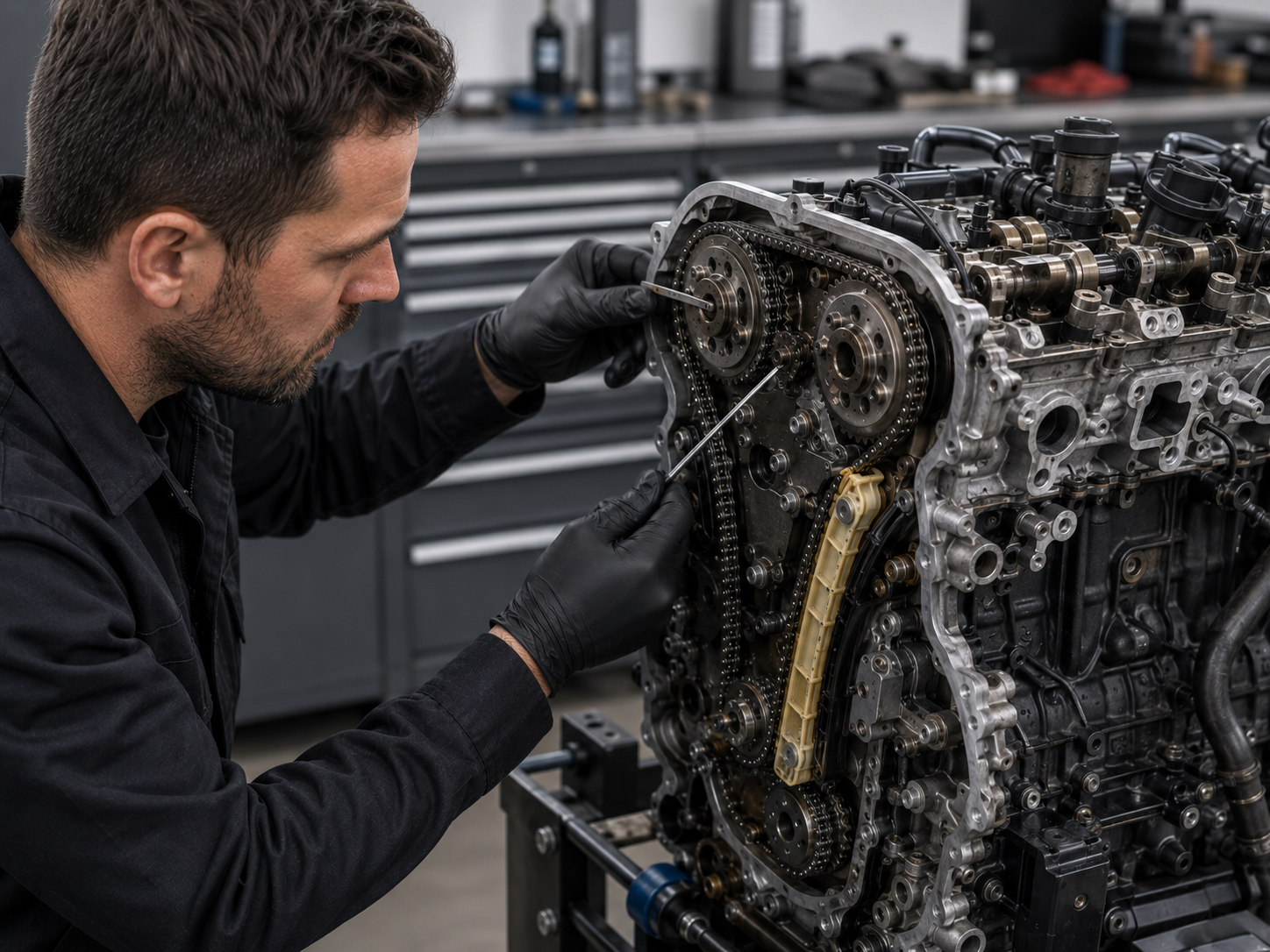 Mechaniker überprüft den Steuerkettentrieb und die Steuerzeiten an einem ausgebauten Motor