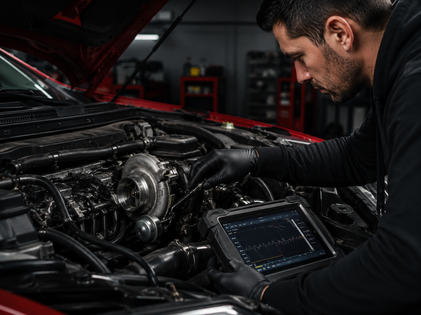 Mechaniker prüft einen Turbolader im Motorraum mit einem Diagnosegerät in einer Kfz-Werkstatt.