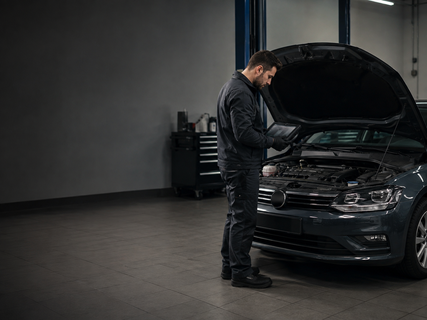 VW Diagnose im Motorraum Alternativtext: Kfz-Mechatroniker prüft mit einem Diagnosetablet den geöffneten Motorraum eines Fahrzeugs bei der VW Motorinstandsetzung.