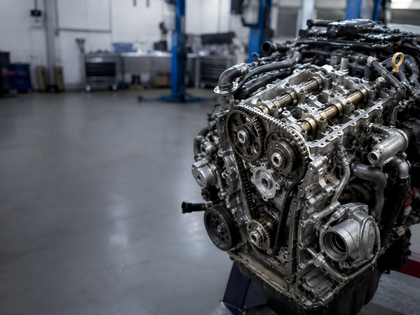 Freiliegender Motor mit sichtbaren Nockenwellen und Steuertrieb in einer professionellen Kfz-Werkstatt, geeignet für die VW Motorinstandsetzung.