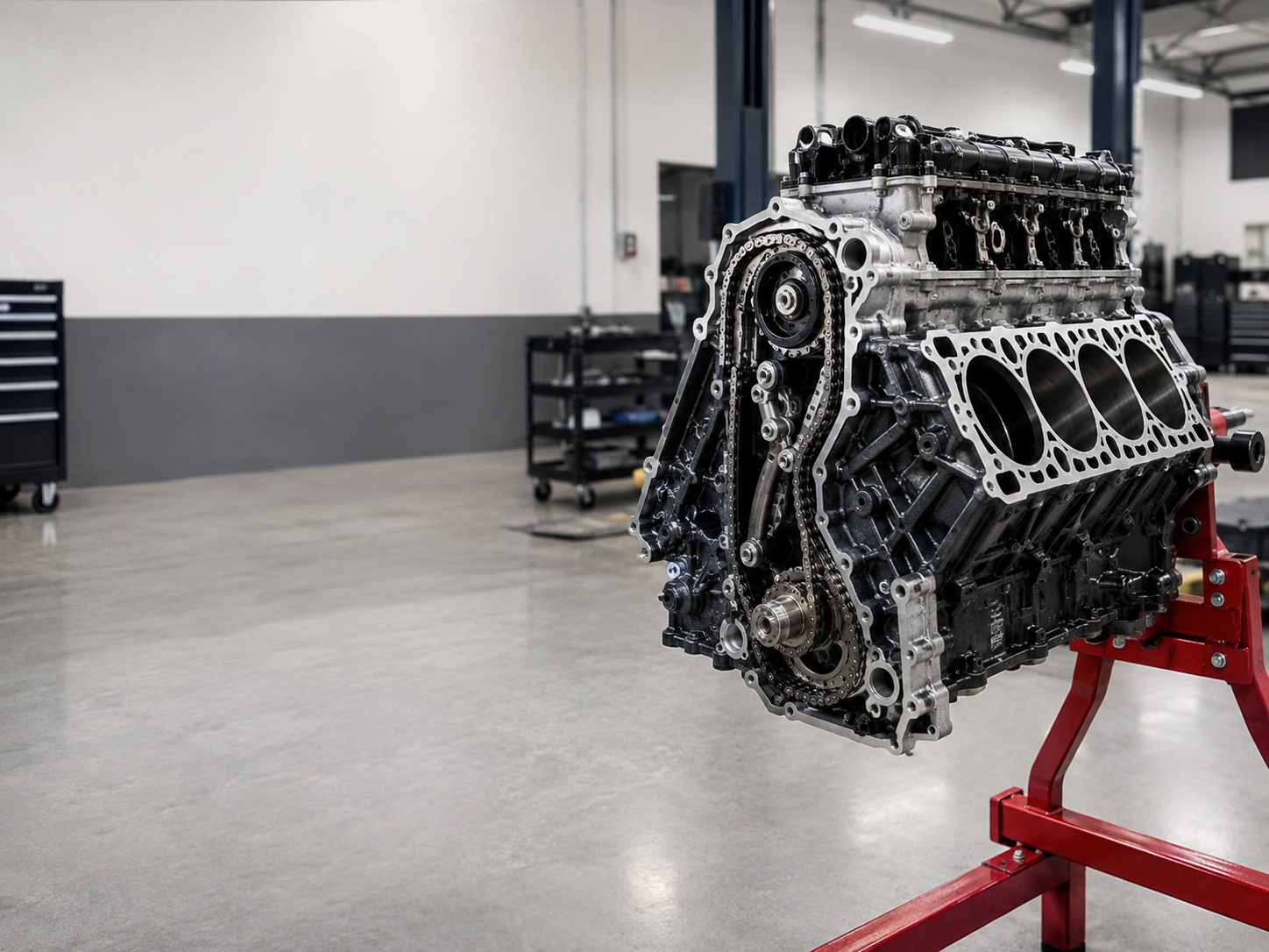 Motorblock mit sichtbaren Zylindern und Steuertrieb auf einem Motorständer in einer professionellen Kfz-Werkstatt, geeignet für die VW Motorinstandsetzung.