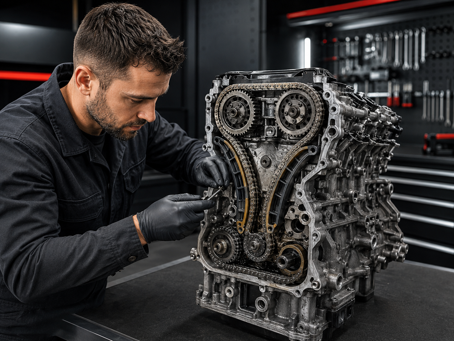 Mechaniker prüft den freigelegten Steuerkettentrieb eines VW-Motors auf Verschleiß, Kettenspannung und sichtbare Steuerkettenprobleme