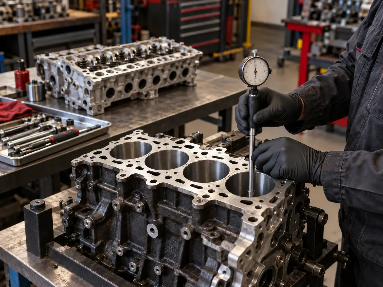 Mechaniker prüft eine Zylinderbohrung mit einem Innenmessgerät an einem geöffneten Motorblock.