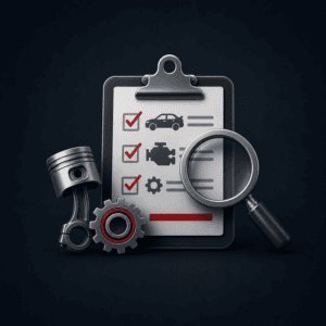 Checkliste mit Fahrzeug- und Motorsymbolen sowie einer Lupe als Symbol für die Prüfung Ihrer Angaben.