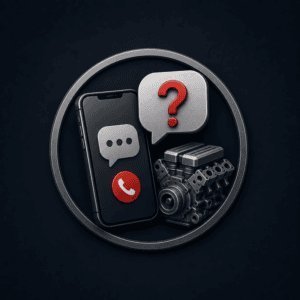 Icon mit Smartphone, Sprechblasen und Motor als Symbol für Rückfragen oder eine erste fachliche Einschätzung.