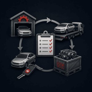 Icon mit Werkstatt, Transportfahrzeug, Auto, Motorversand und Checkliste als Symbol für das weitere Vorgehen je nach Fall.